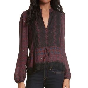 Veronica Beard Lindberg Lace Trim Print Silk Top